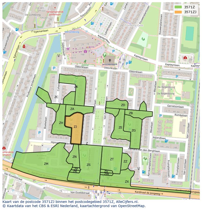 Afbeelding van het postcodegebied 3571 ZJ op de kaart.