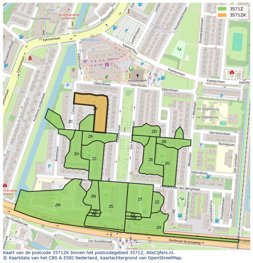 Afbeelding van het postcodegebied 3571 ZK op de kaart.