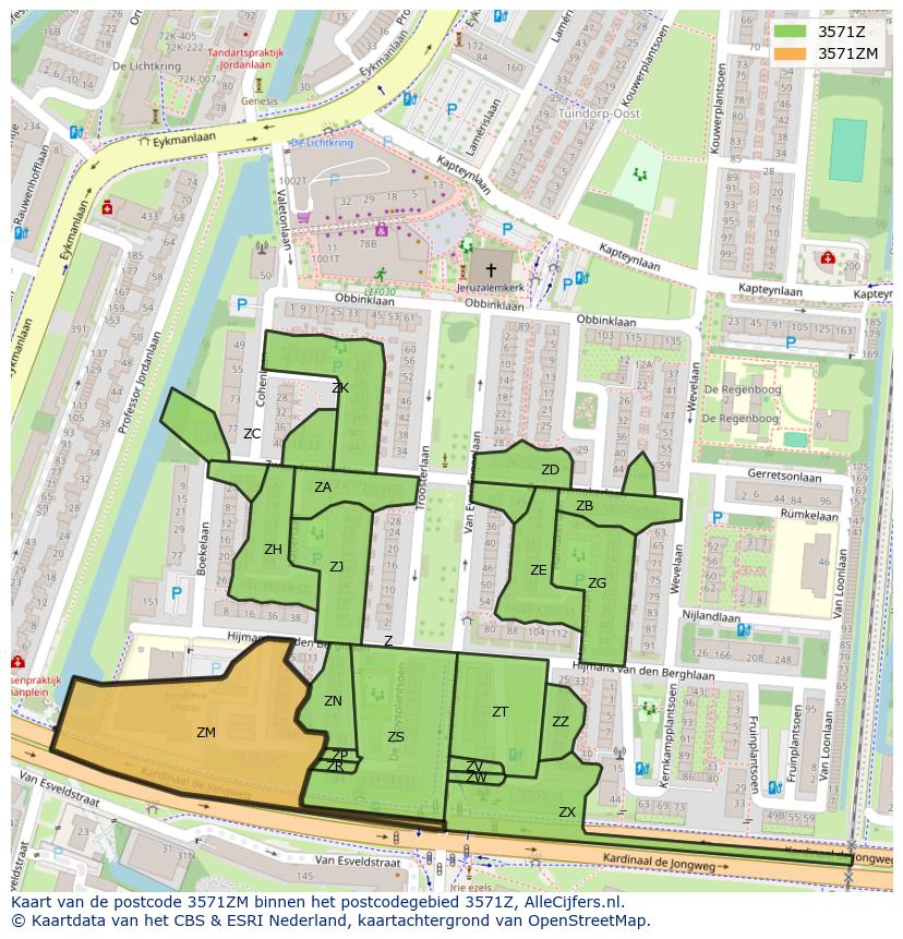 Afbeelding van het postcodegebied 3571 ZM op de kaart.
