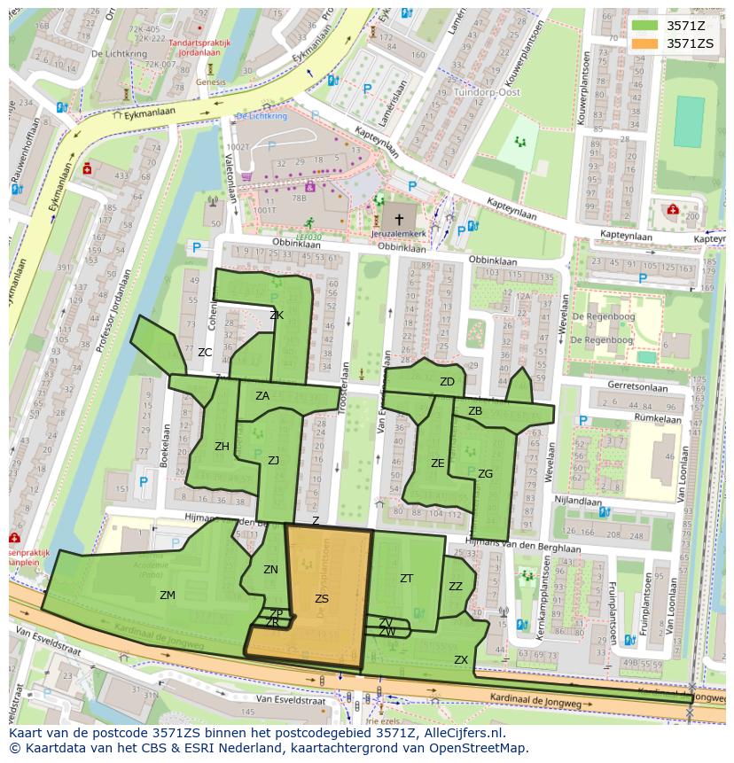 Afbeelding van het postcodegebied 3571 ZS op de kaart.
