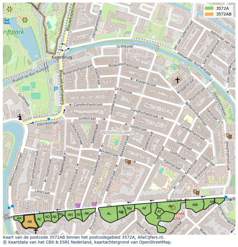Afbeelding van het postcodegebied 3572 AB op de kaart.