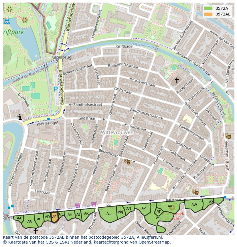 Afbeelding van het postcodegebied 3572 AE op de kaart.