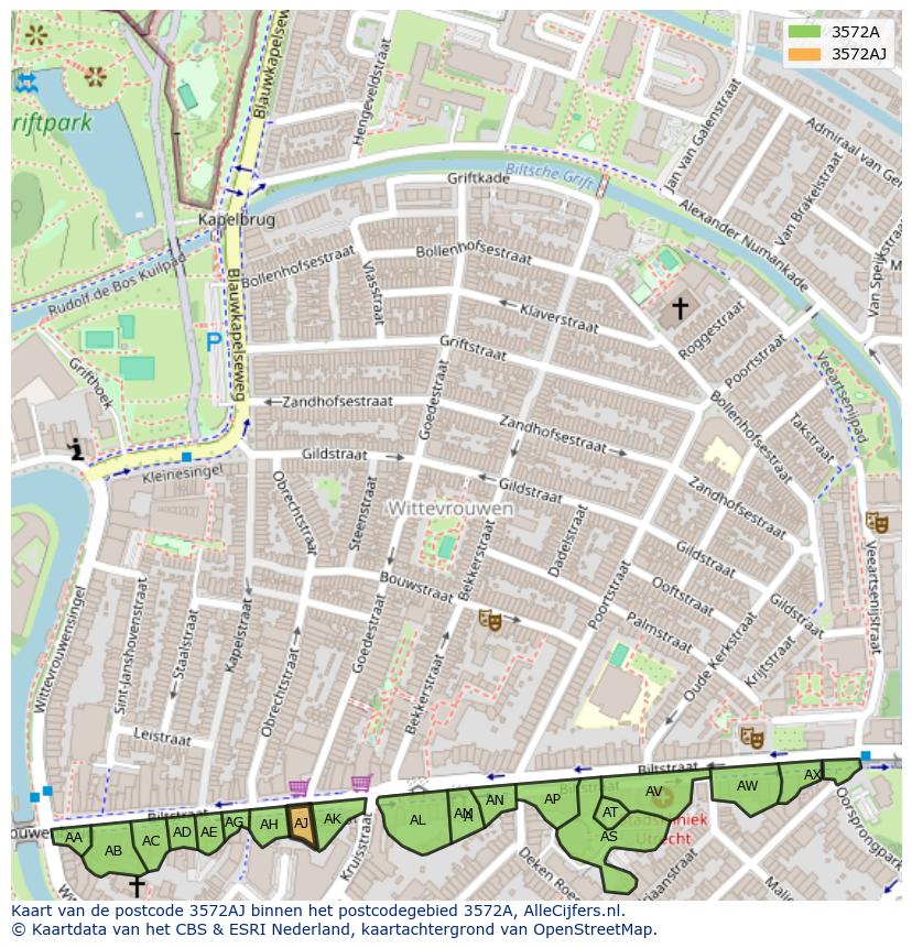 Afbeelding van het postcodegebied 3572 AJ op de kaart.