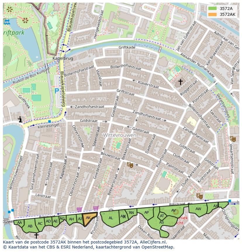 Afbeelding van het postcodegebied 3572 AK op de kaart.