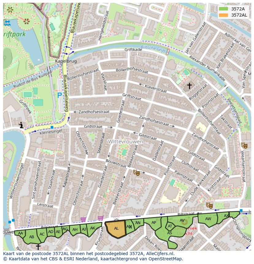 Afbeelding van het postcodegebied 3572 AL op de kaart.