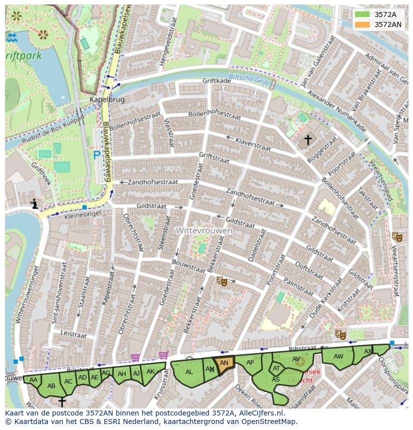 Afbeelding van het postcodegebied 3572 AN op de kaart.