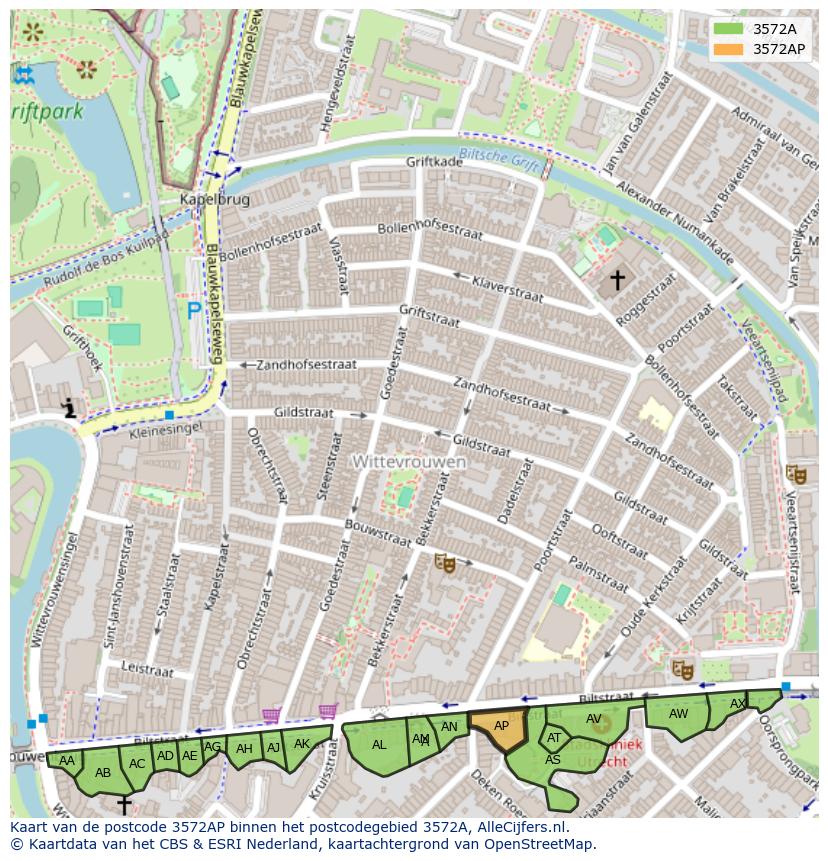 Afbeelding van het postcodegebied 3572 AP op de kaart.