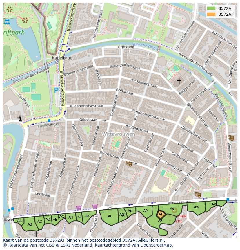 Afbeelding van het postcodegebied 3572 AT op de kaart.