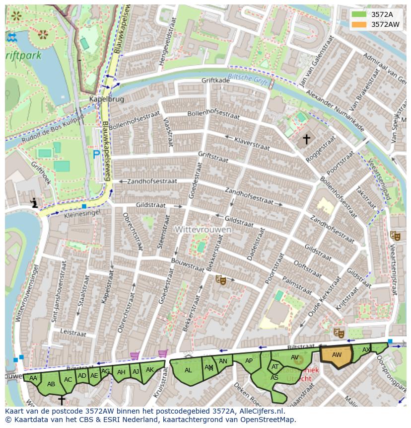Afbeelding van het postcodegebied 3572 AW op de kaart.