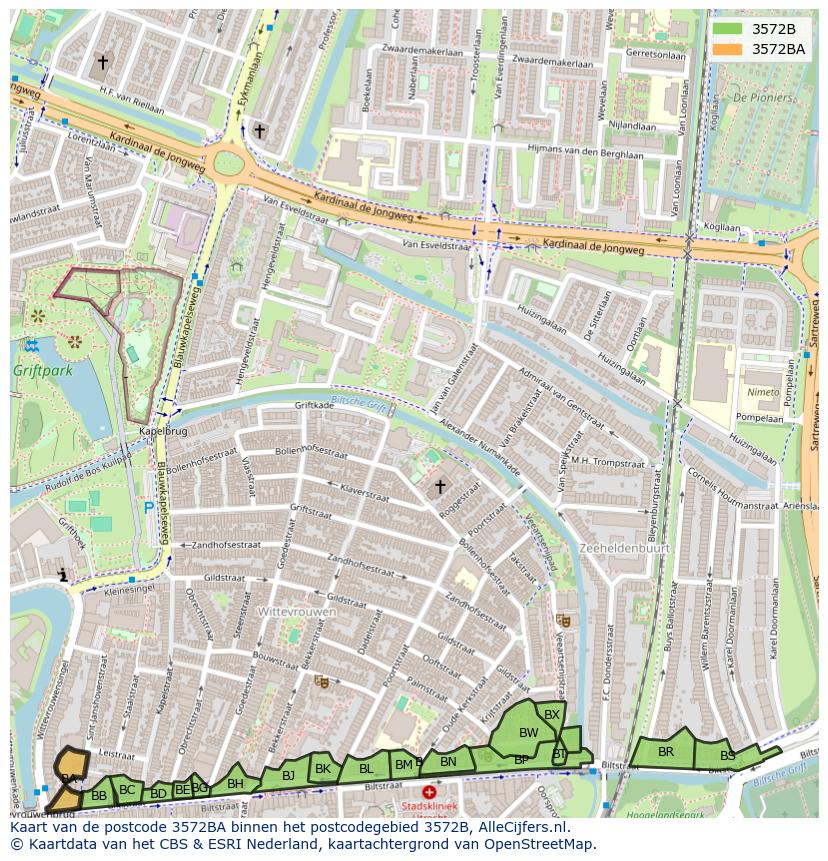 Afbeelding van het postcodegebied 3572 BA op de kaart.