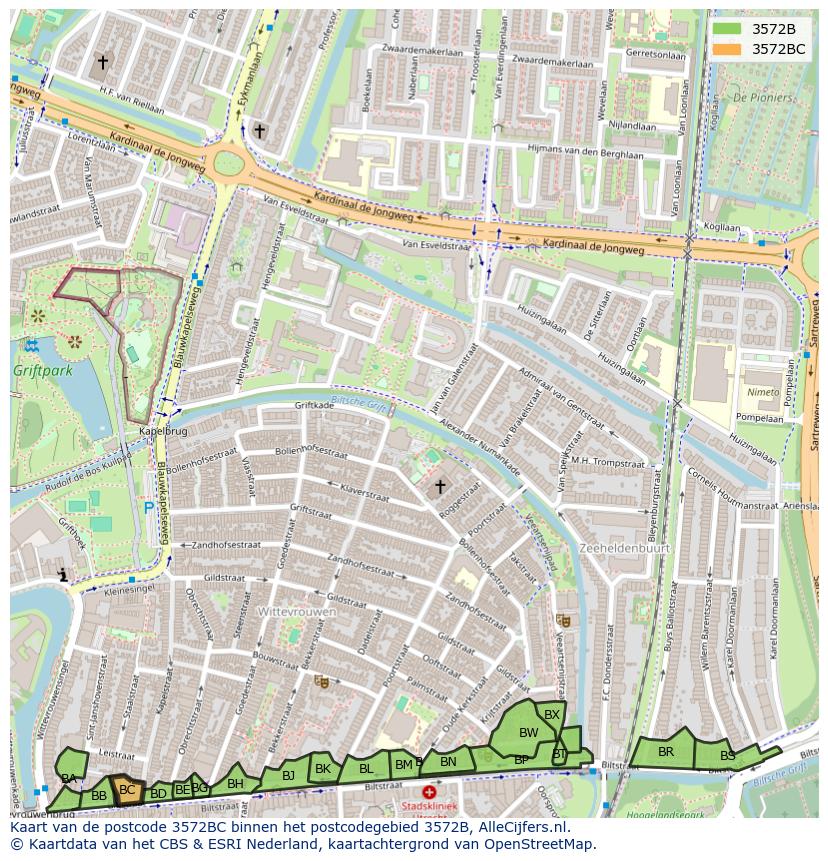 Afbeelding van het postcodegebied 3572 BC op de kaart.