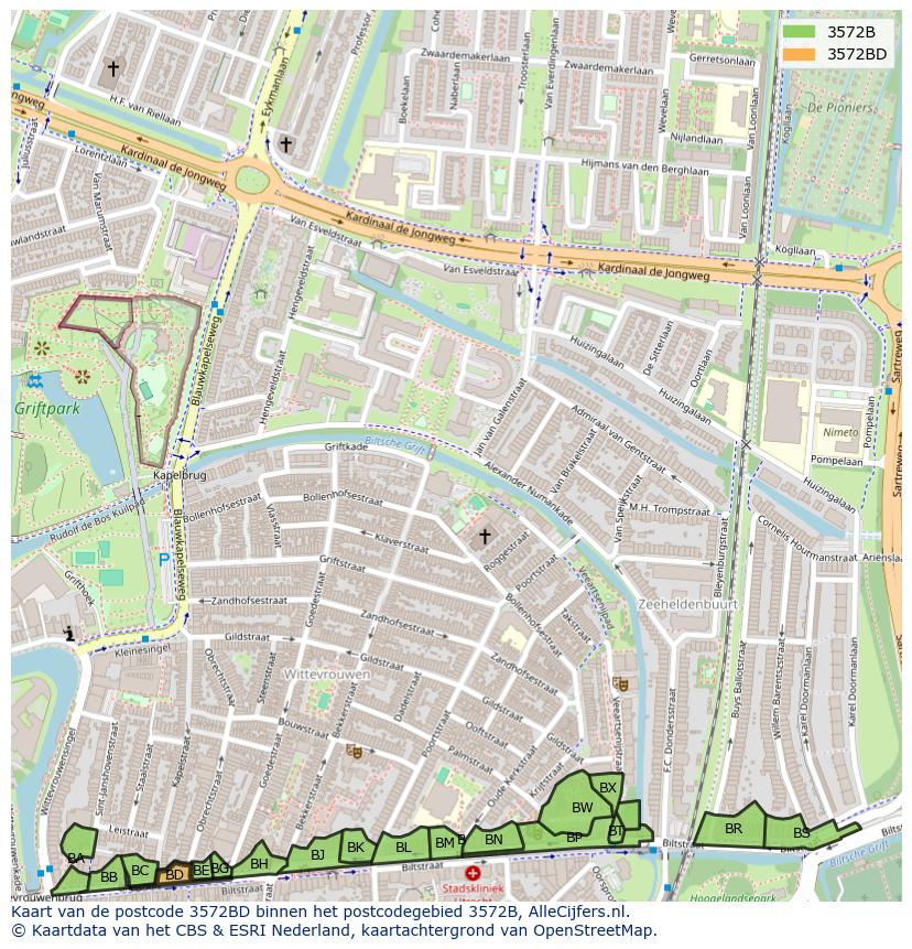 Afbeelding van het postcodegebied 3572 BD op de kaart.