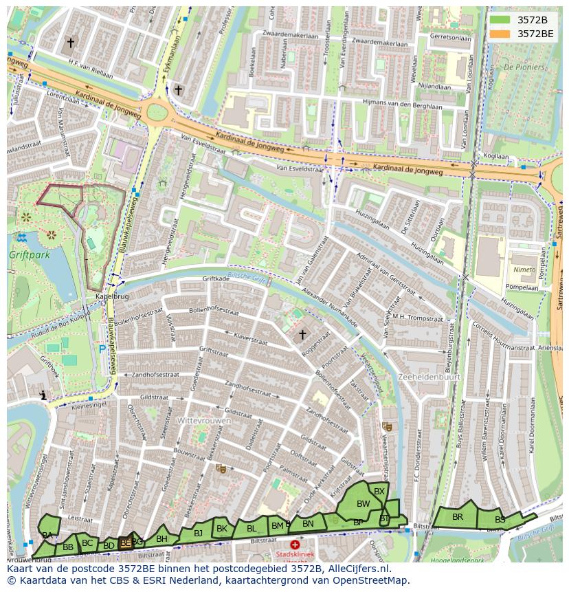 Afbeelding van het postcodegebied 3572 BE op de kaart.