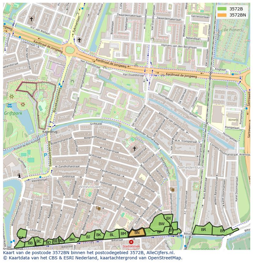 Afbeelding van het postcodegebied 3572 BN op de kaart.