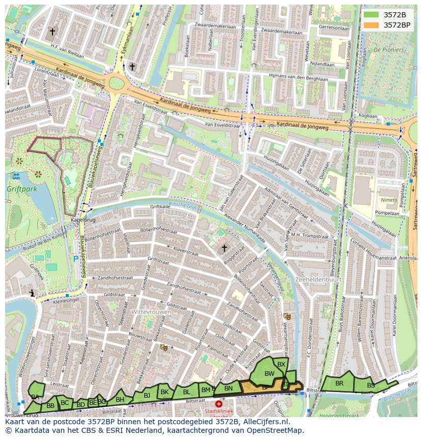Afbeelding van het postcodegebied 3572 BP op de kaart.