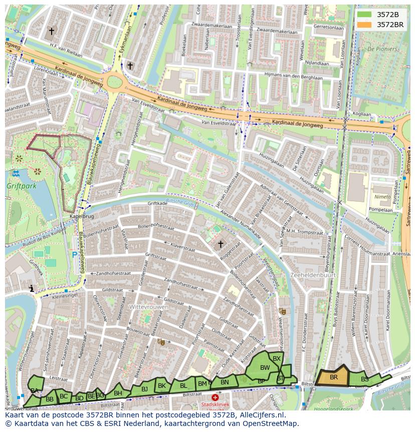 Afbeelding van het postcodegebied 3572 BR op de kaart.
