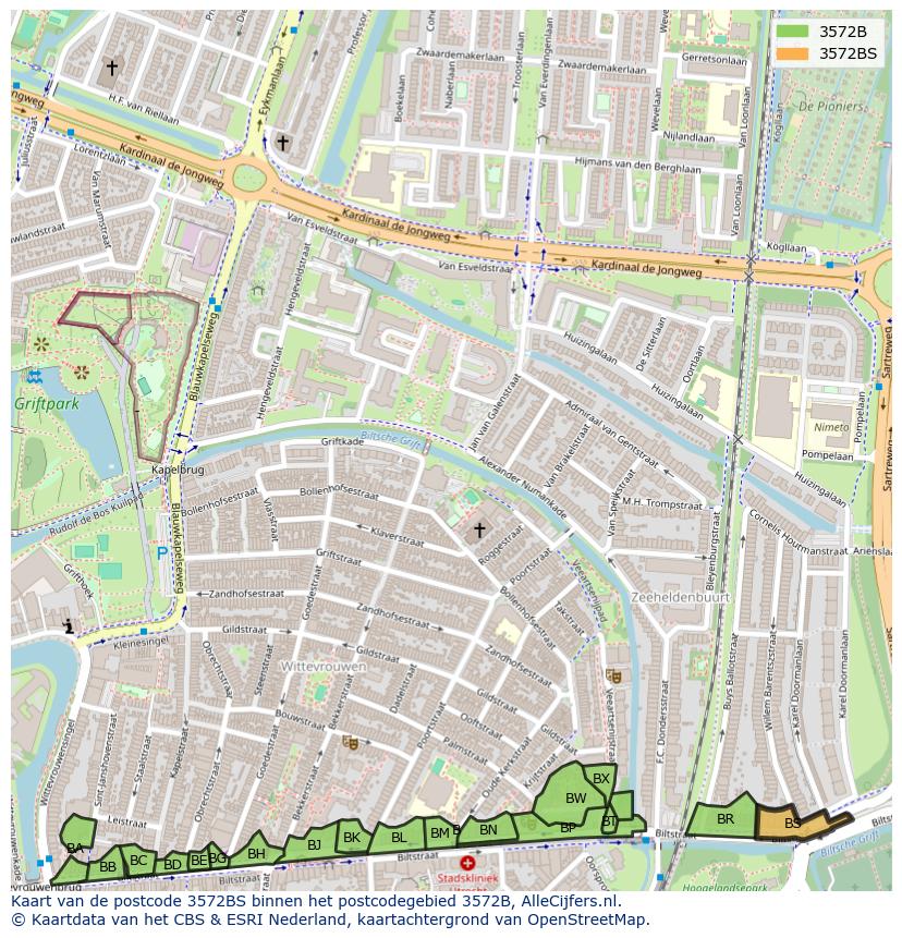 Afbeelding van het postcodegebied 3572 BS op de kaart.