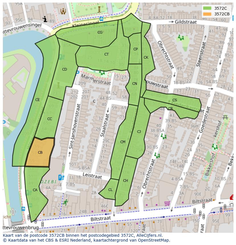 Afbeelding van het postcodegebied 3572 CB op de kaart.