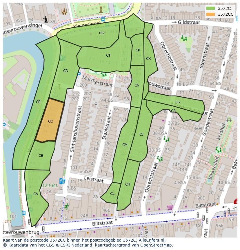 Afbeelding van het postcodegebied 3572 CC op de kaart.