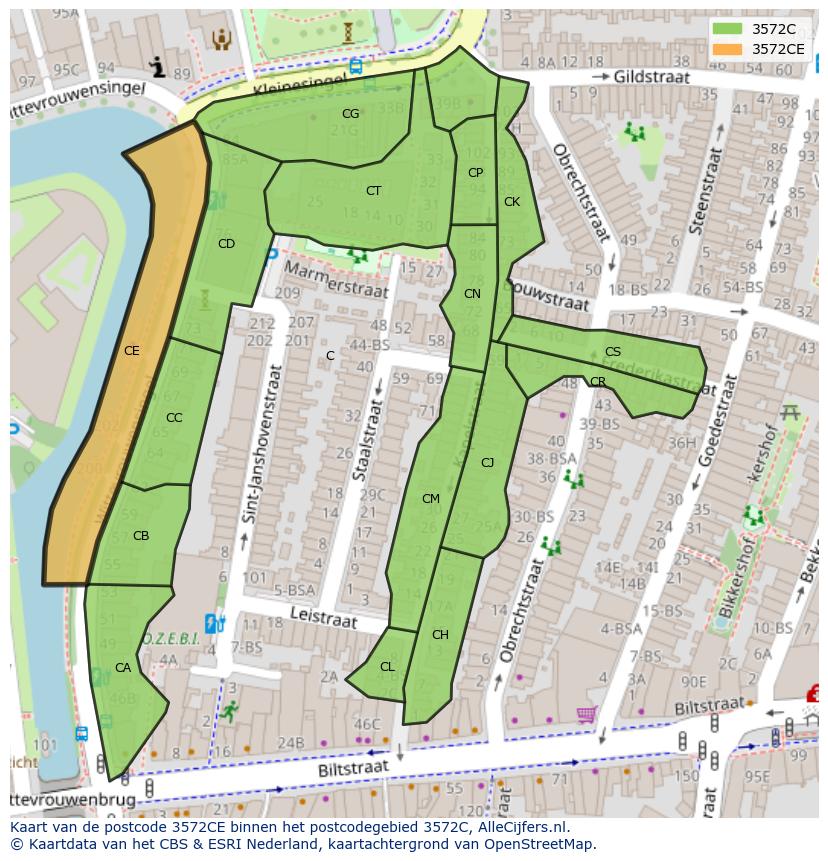 Afbeelding van het postcodegebied 3572 CE op de kaart.
