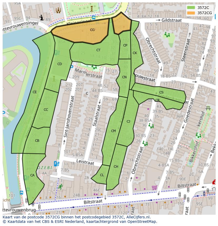 Afbeelding van het postcodegebied 3572 CG op de kaart.