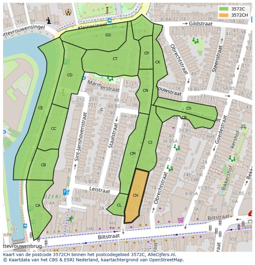 Afbeelding van het postcodegebied 3572 CH op de kaart.
