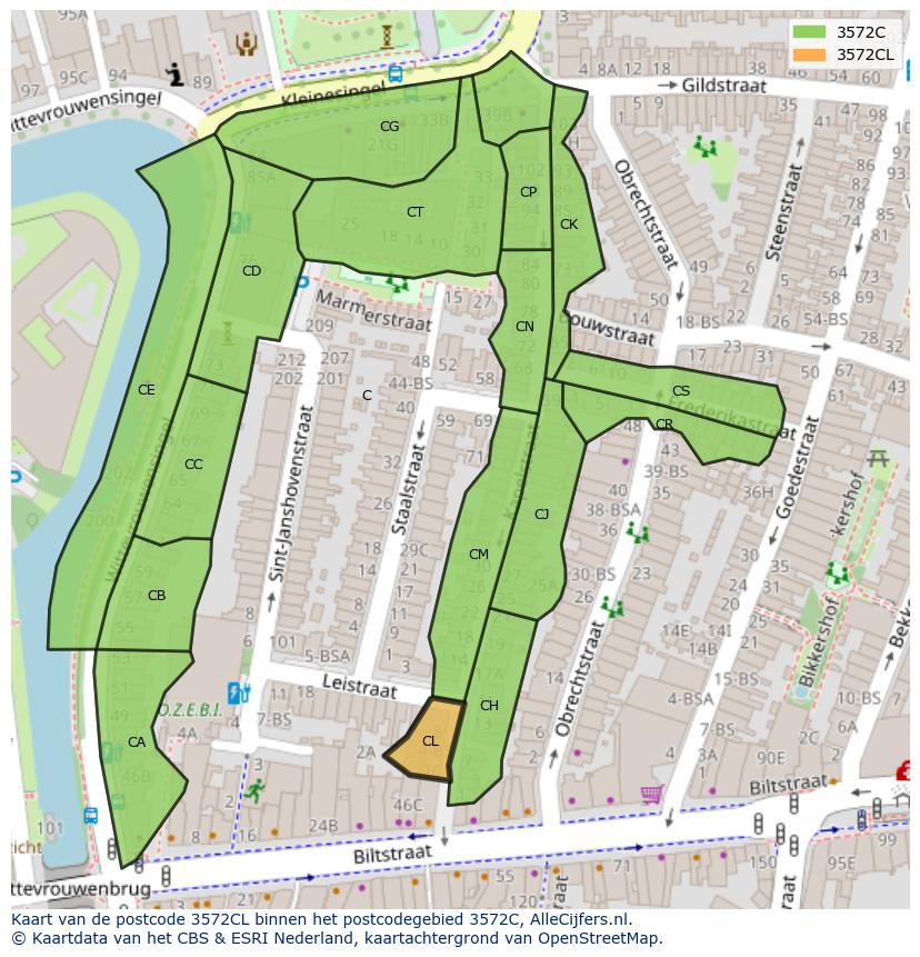 Afbeelding van het postcodegebied 3572 CL op de kaart.
