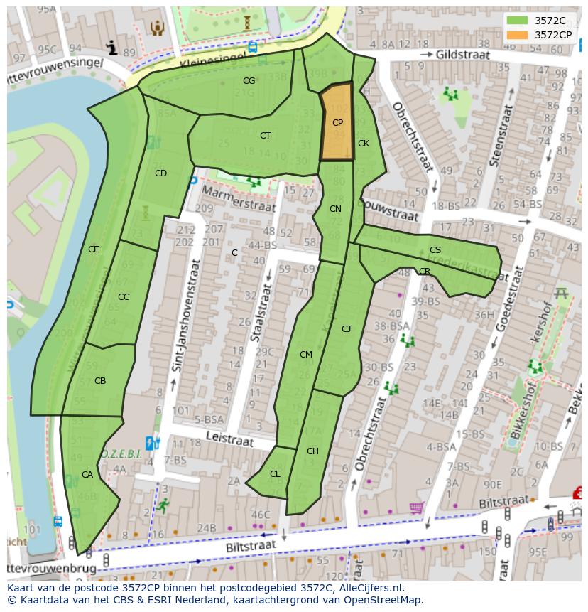 Afbeelding van het postcodegebied 3572 CP op de kaart.