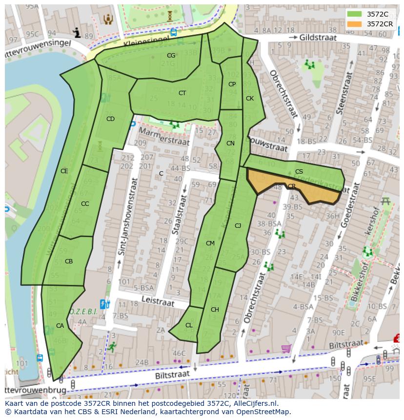 Afbeelding van het postcodegebied 3572 CR op de kaart.