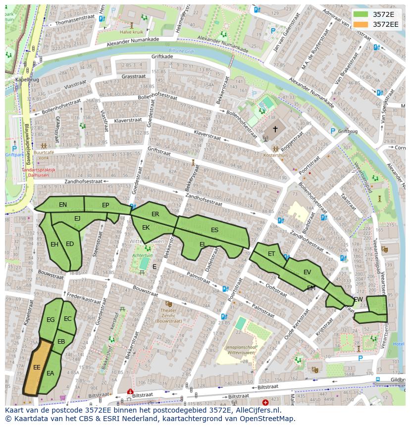 Afbeelding van het postcodegebied 3572 EE op de kaart.