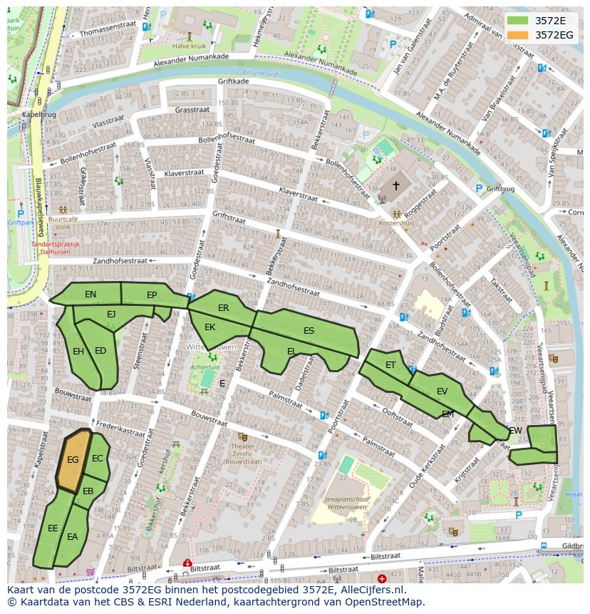 Afbeelding van het postcodegebied 3572 EG op de kaart.