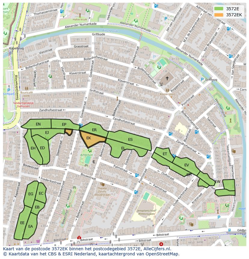 Afbeelding van het postcodegebied 3572 EK op de kaart.