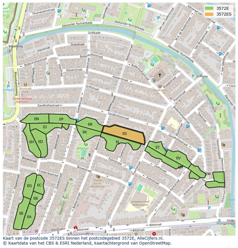 Afbeelding van het postcodegebied 3572 ES op de kaart.