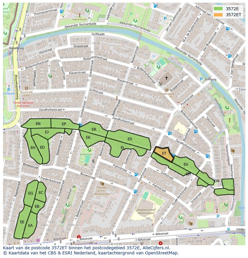 Afbeelding van het postcodegebied 3572 ET op de kaart.