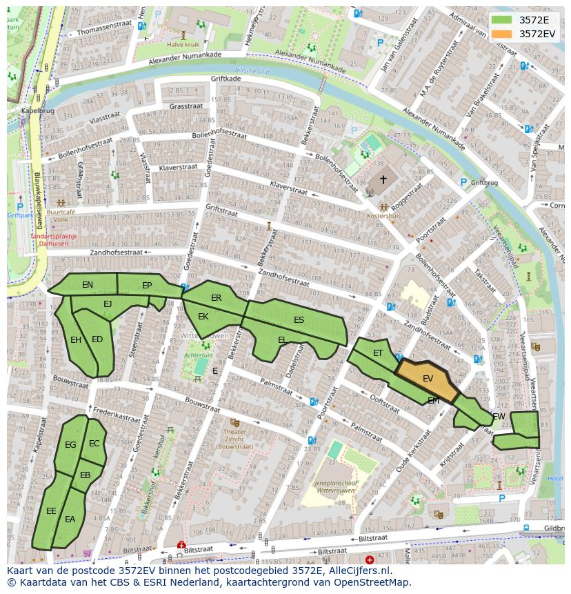 Afbeelding van het postcodegebied 3572 EV op de kaart.