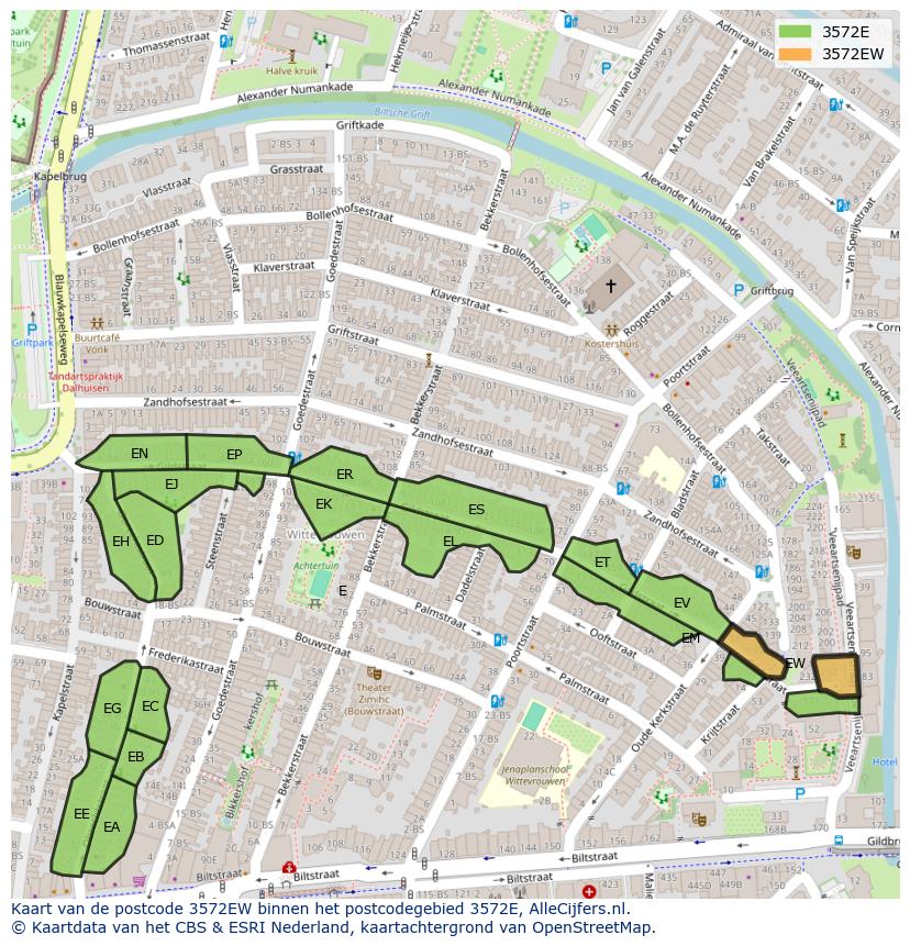 Afbeelding van het postcodegebied 3572 EW op de kaart.