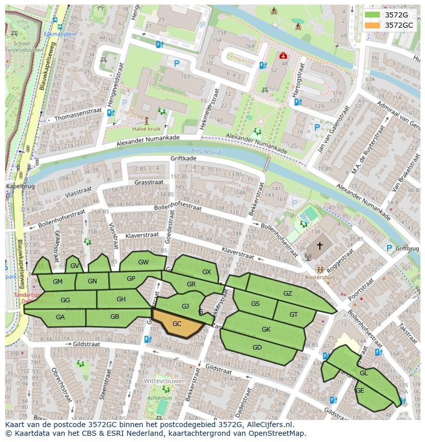 Afbeelding van het postcodegebied 3572 GC op de kaart.