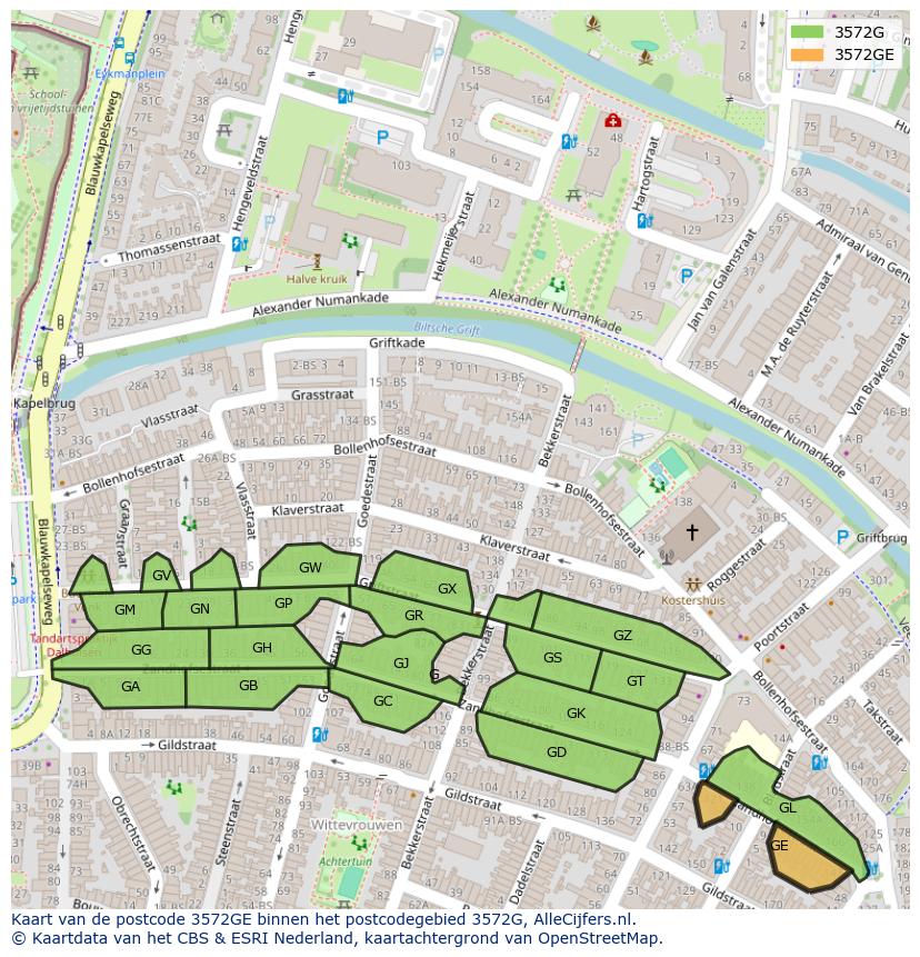 Afbeelding van het postcodegebied 3572 GE op de kaart.