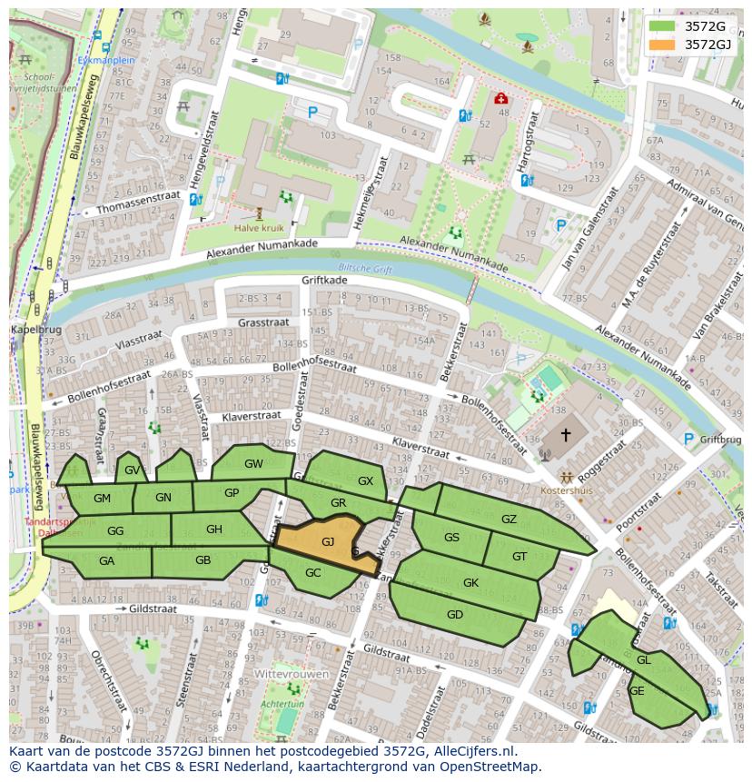 Afbeelding van het postcodegebied 3572 GJ op de kaart.