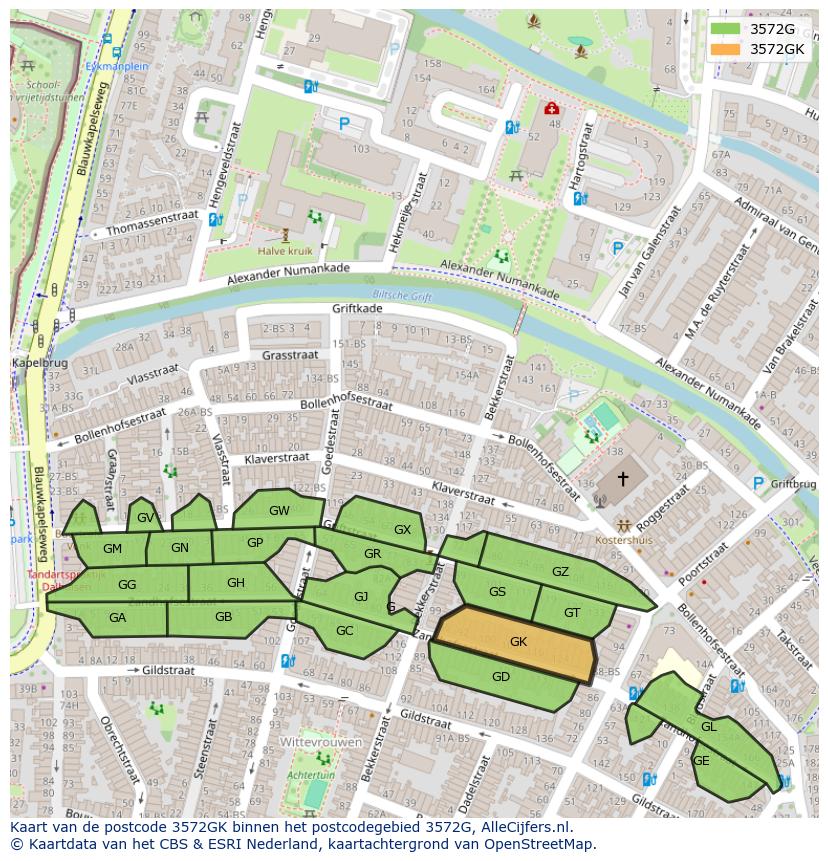 Afbeelding van het postcodegebied 3572 GK op de kaart.
