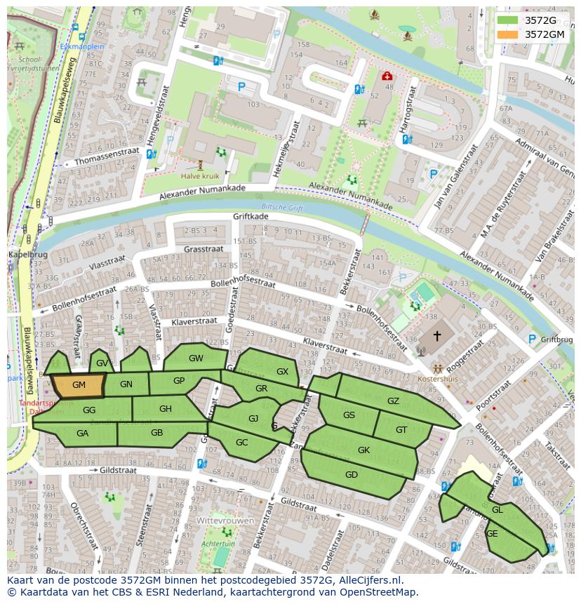 Afbeelding van het postcodegebied 3572 GM op de kaart.