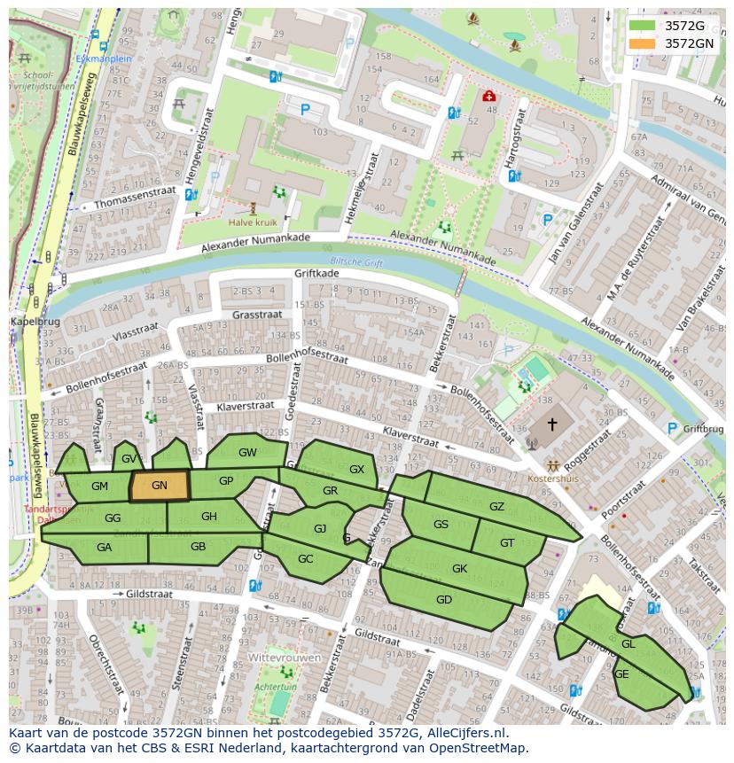 Afbeelding van het postcodegebied 3572 GN op de kaart.