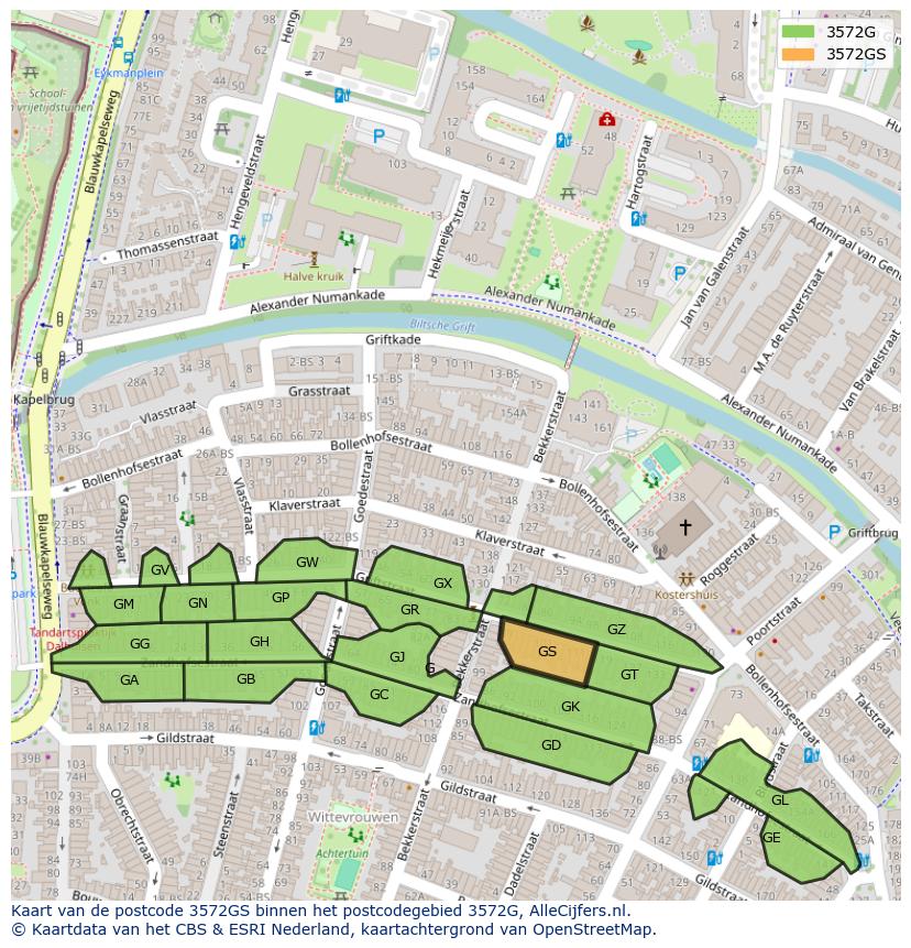 Afbeelding van het postcodegebied 3572 GS op de kaart.