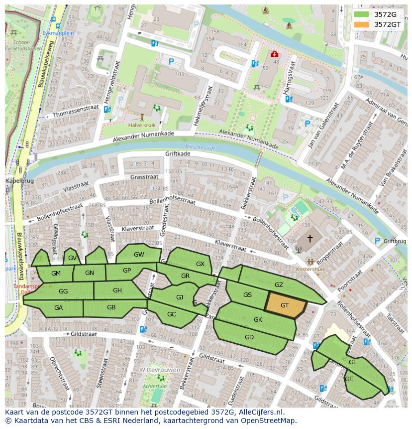 Afbeelding van het postcodegebied 3572 GT op de kaart.