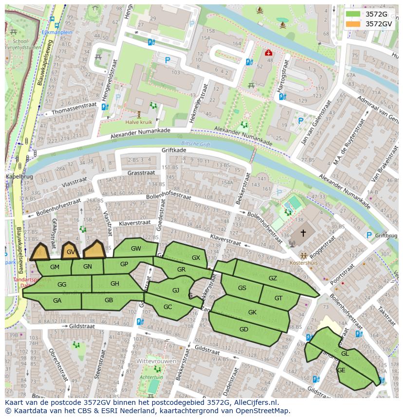 Afbeelding van het postcodegebied 3572 GV op de kaart.