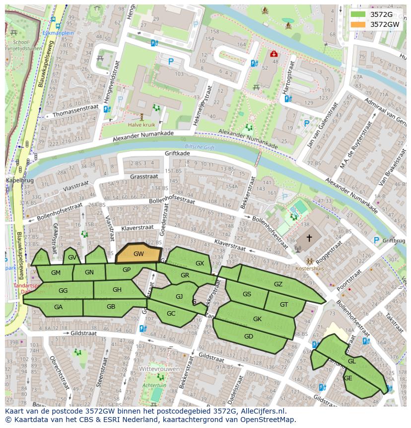 Afbeelding van het postcodegebied 3572 GW op de kaart.