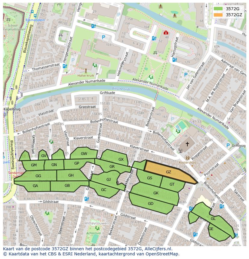 Afbeelding van het postcodegebied 3572 GZ op de kaart.