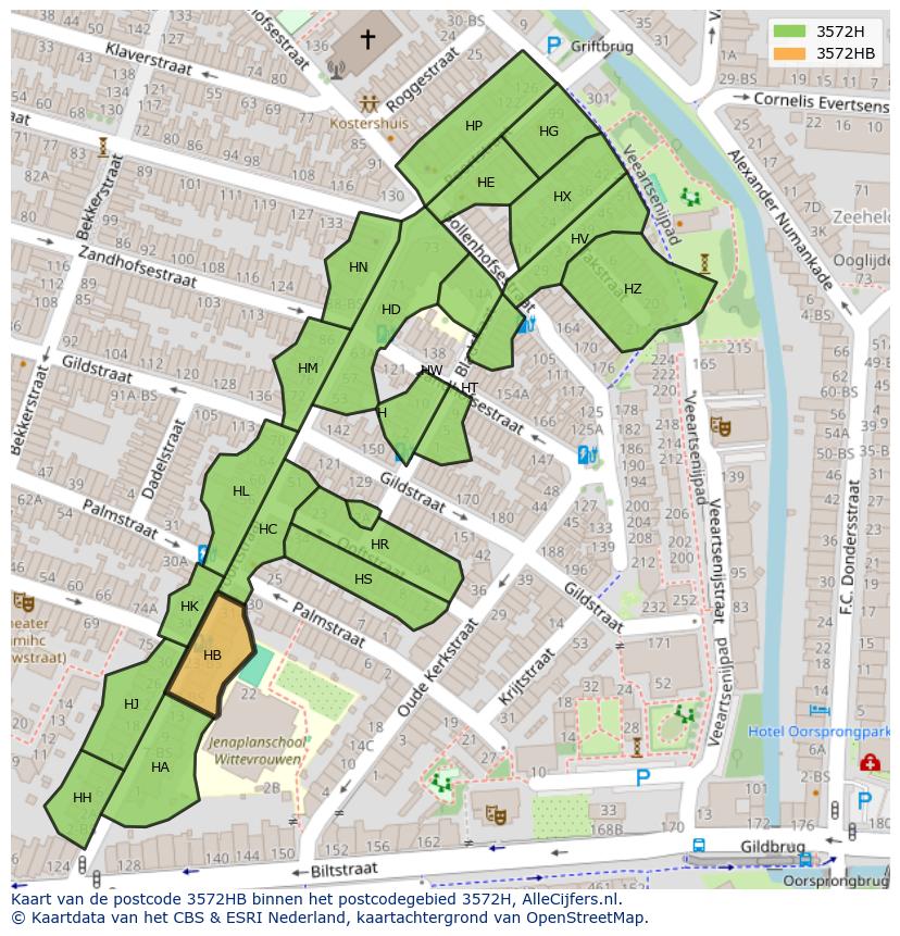 Afbeelding van het postcodegebied 3572 HB op de kaart.