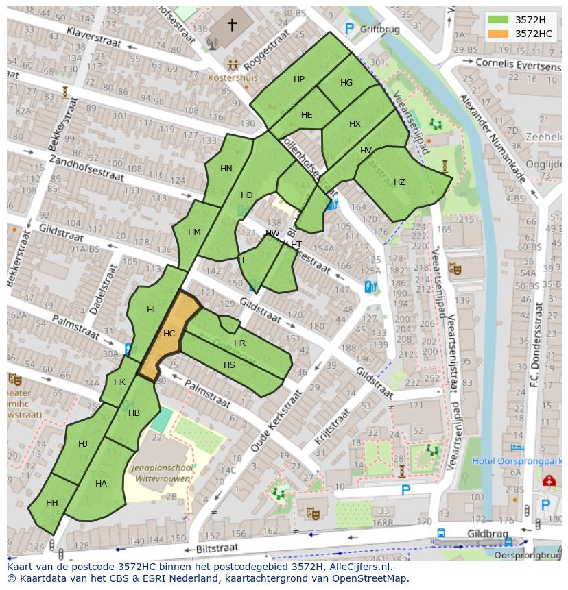 Afbeelding van het postcodegebied 3572 HC op de kaart.