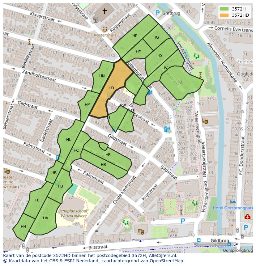 Afbeelding van het postcodegebied 3572 HD op de kaart.